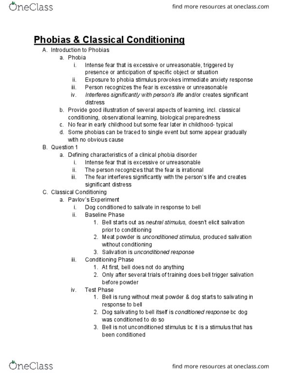 PSC 1 Lecture Notes - Lecture 5: Electrodermal Activity, Fear Conditioning, Classical Conditioning thumbnail