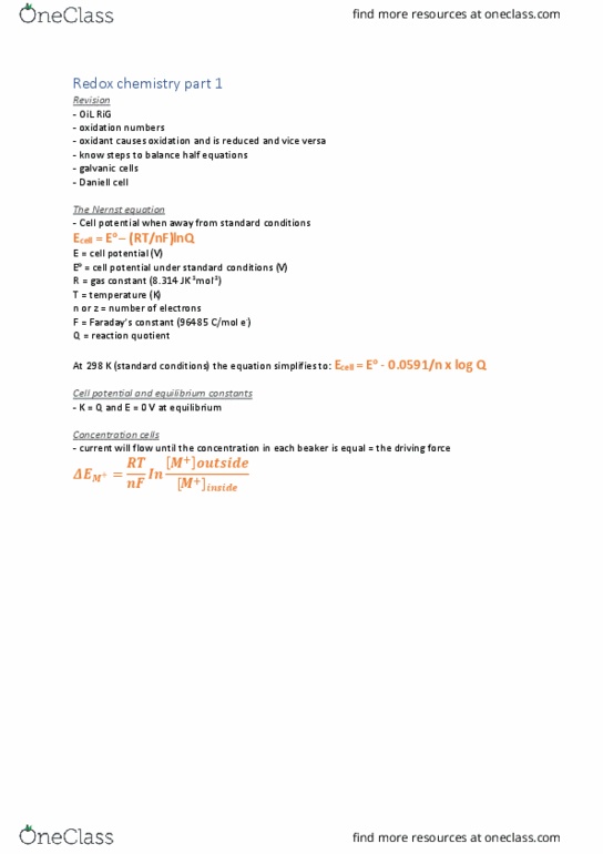 CHEM10006 Lecture Notes - Lecture 30: Nernst Equation, Membrane Potential, Reaction Quotient thumbnail