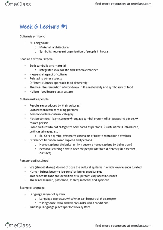 ANTH1001 Lecture Notes - Lecture 8: Status Symbol, Mary Douglas, Breast Milk thumbnail