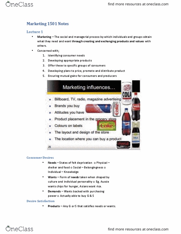MKTG1501 Lecture Notes - Lecture 1: Marketing Management, Product Design, Belongingness thumbnail