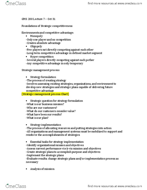 GMS 200 Lecture Notes - Lecture 7: Incrementalism, Cost Leadership, Infomediary thumbnail