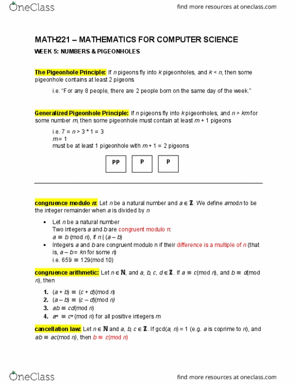 Math221 Lecture Notes Fall 18 Lecture 5 Modular Arithmetic Pigeonhole Principle Coprime Integers