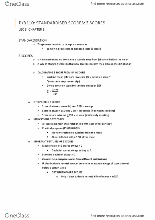 PYB110 Lecture Notes - Lecture 3: Standard Deviation, Standard Score thumbnail
