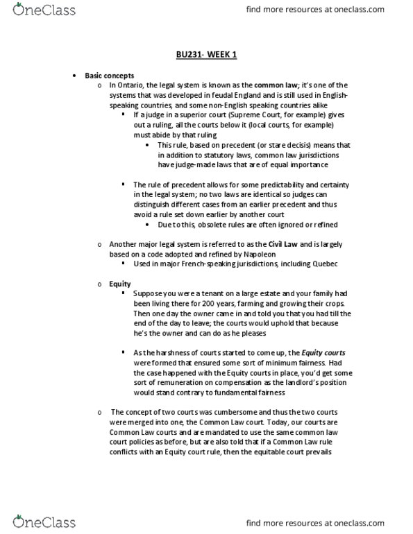 BU231 Lecture Notes - Lecture 2: Court Of Equity, Precedent thumbnail