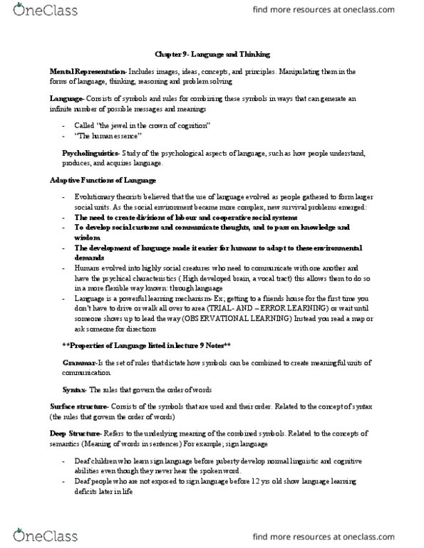 Psychology 1000 Chapter Notes - Chapter 9: Metamemory, Deductive Reasoning, Second Language thumbnail