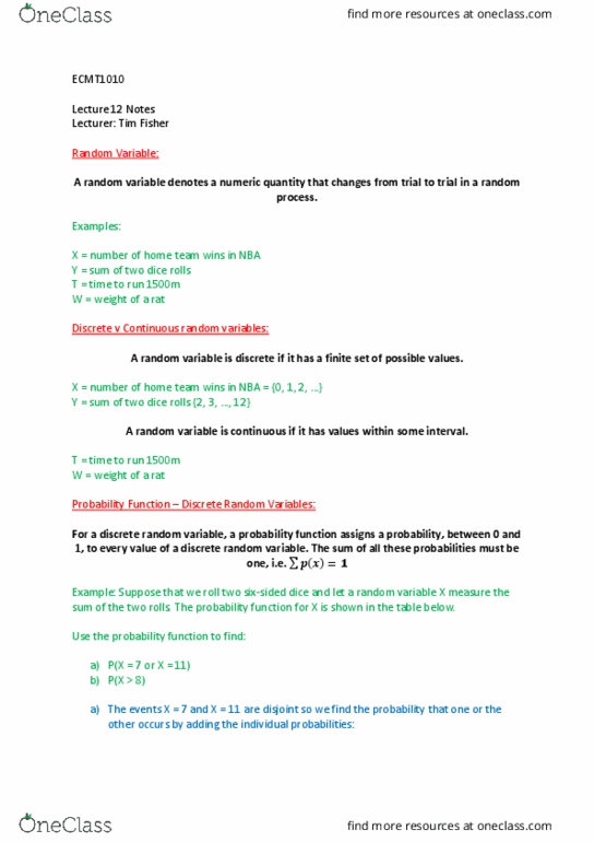 ECMT1010 Lecture Notes - Lecture 12: Standard Deviation, Binomial Coefficient, Random Variable thumbnail