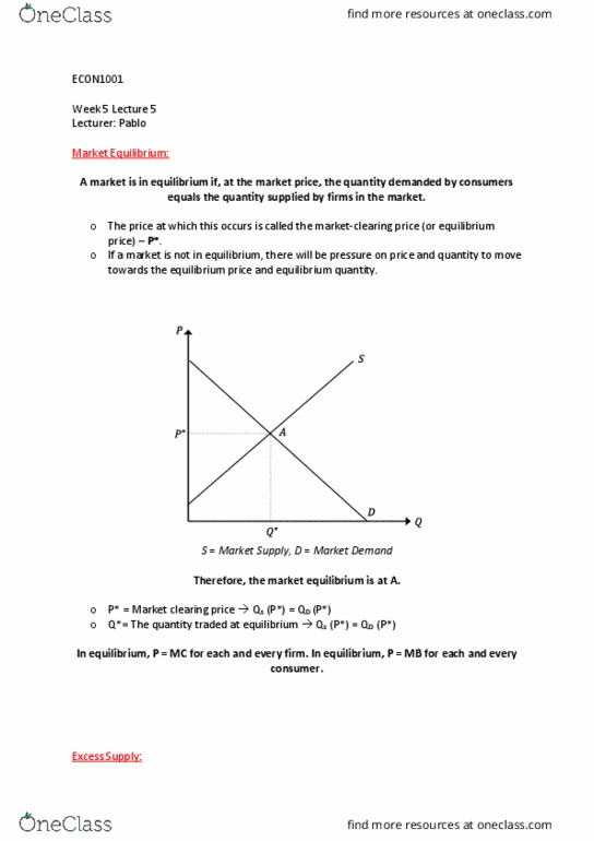 ECON1001 Lecture Notes - Lecture 5: Static Analysis, Demand Curve, Pareto Efficiency thumbnail