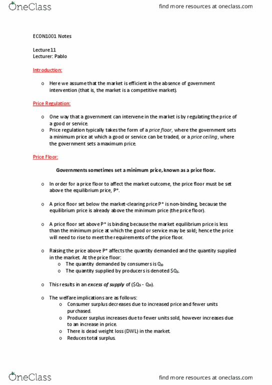 ECON1001 Lecture Notes - Lecture 11: Demand Curve, Nepotism, Tax Incidence thumbnail