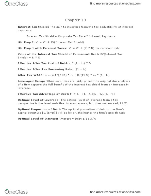 AFM274 Chapter Notes - Chapter 18: Tax Shield, Capital Structure thumbnail