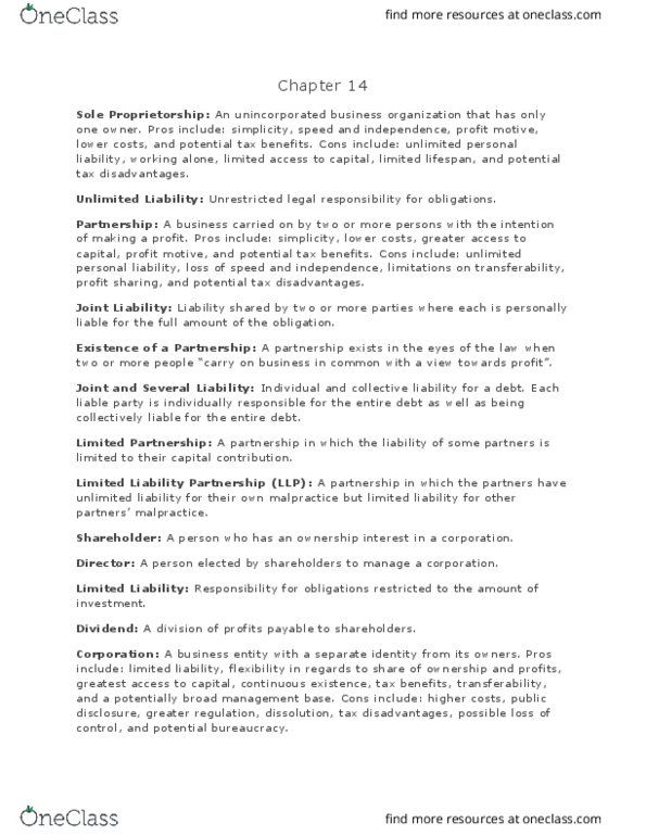 AFM231 Chapter Notes - Chapter 14: Profit Maximization, Limited Liability Partnership, Limited Liability thumbnail