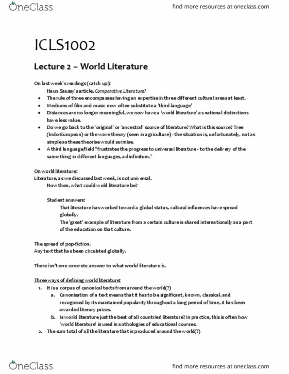 ICLS1002 Lecture Notes - Lecture 2: Eurocentrism, World Literature, Comparative Literature thumbnail