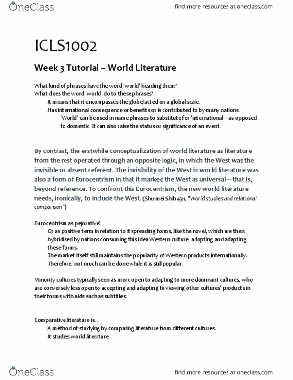 ICLS1002 Lecture Notes - Lecture 3: Comparative Literature, Eurocentrism thumbnail