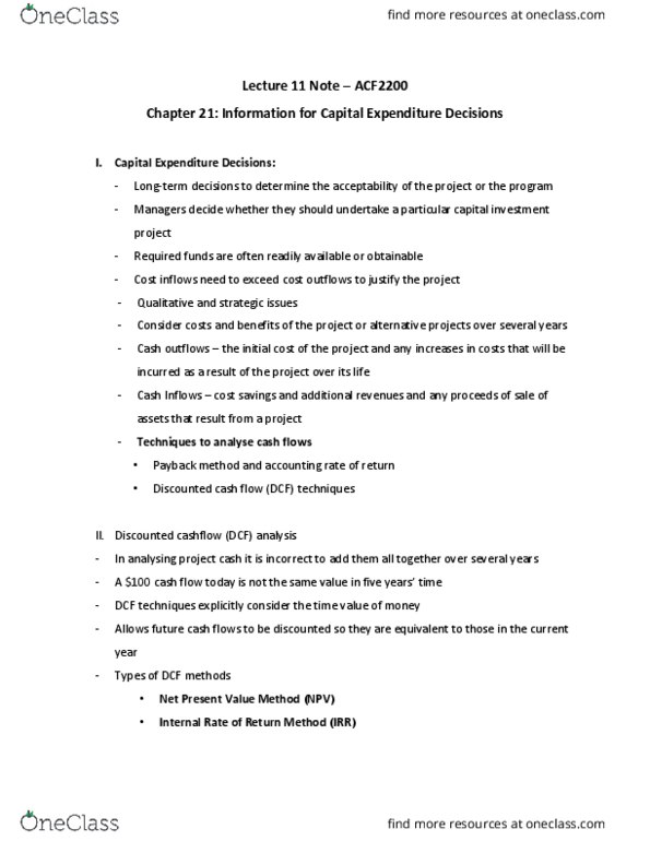 ACF2200 Lecture Notes - Lecture 11: Cash Flow, Net Present Value thumbnail