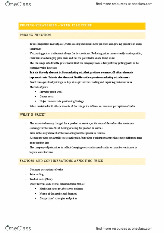 MKTG1001 Lecture Notes - Lecture 12: Risk It, Demand Curve, Geographical Pricing thumbnail