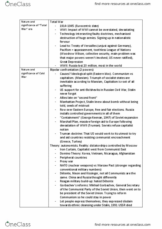 ATS1873 Lecture Notes - Lecture 4: Mikhail Gorbachev, Truman Doctrine, Warsaw Pact thumbnail