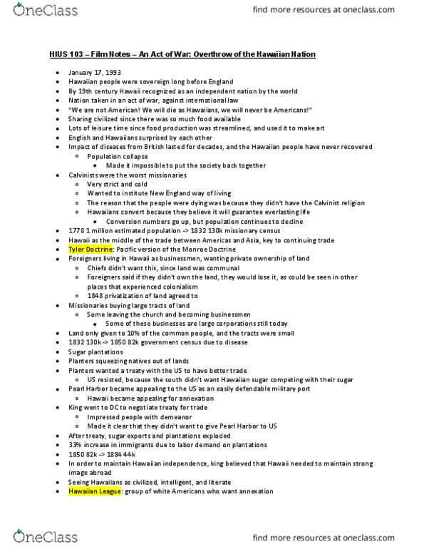 HIUS 103 Chapter Notes - Chapter Film Notes: 1895 Wilcox Rebellion, 1887 Constitution Of The Kingdom Of Hawaii, Monroe Doctrine thumbnail