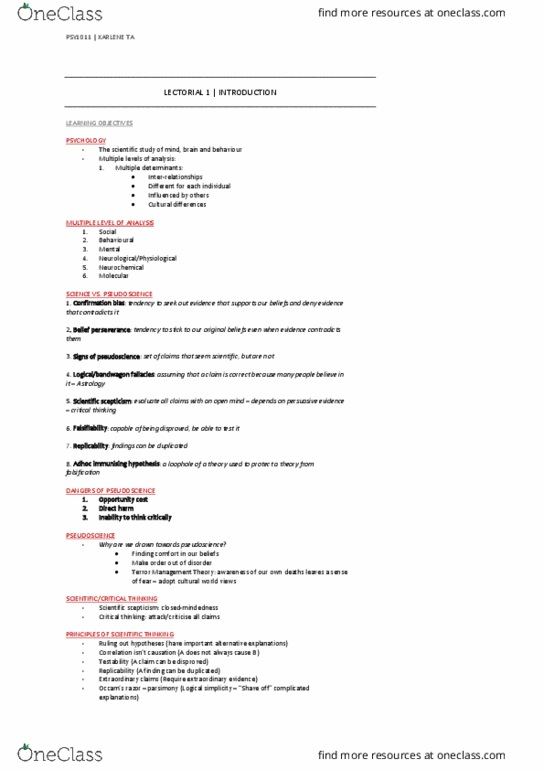 PSY1011 Lecture Notes - Lecture 1: Terror Management Theory, Skeptical Movement, Belief Perseverance thumbnail