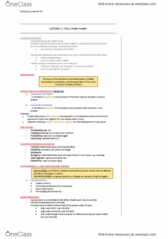 BMS1042 Lecture Notes - Lecture 1: Bradford Hill Criteria, Mycobacterium Tuberculosis, Tobacco Control thumbnail