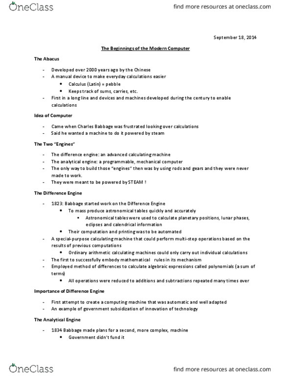 NATS 1700 Lecture Notes - Lecture 2: John Vincent Atanasoff, Clifford Berry, Maurice Wilkes thumbnail