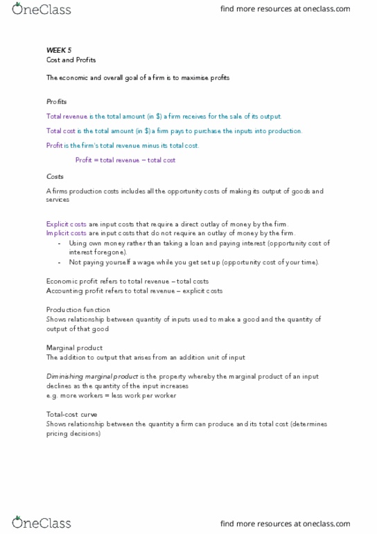 MAE101 Lecture Notes - Lecture 5: Fixed Cost, Average Variable Cost, Average Cost thumbnail