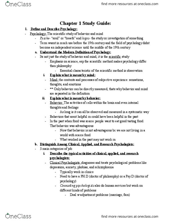 PSY 12000 Chapter Notes - Chapter 1: Evolutionary Psychology, List Of Psychological Schools, Naturalistic Observation thumbnail