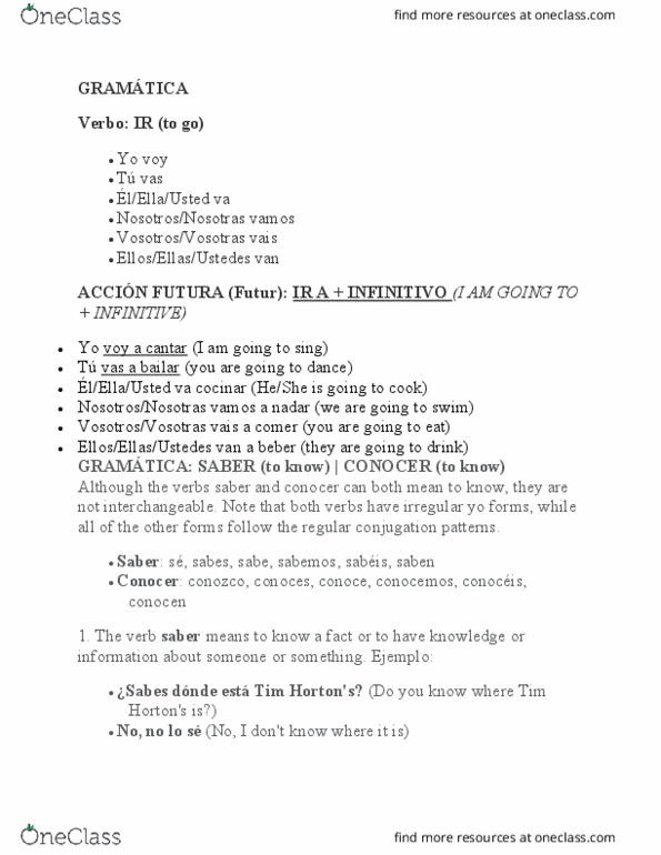 SPAN 1001H Lecture Notes - Lecture 2: Tim Hortons, Infinitive thumbnail