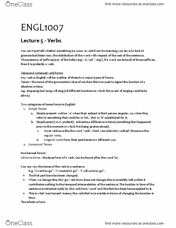 ENGL1007 Lecture Notes - Lecture 5: Continuous And Progressive Aspects, Participle, Present Perfect thumbnail