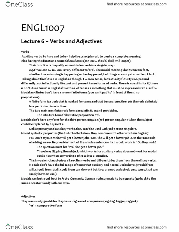 ENGL1007 Lecture Notes - Lecture 6: Big, Bigger, Biggest, German Verbs, Nonfinite Verb thumbnail