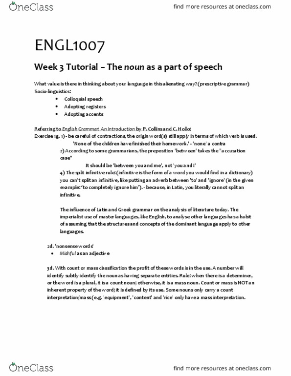 ENGL1007 Lecture Notes - Lecture 3: Tag Question, Count Noun, Split Infinitive thumbnail