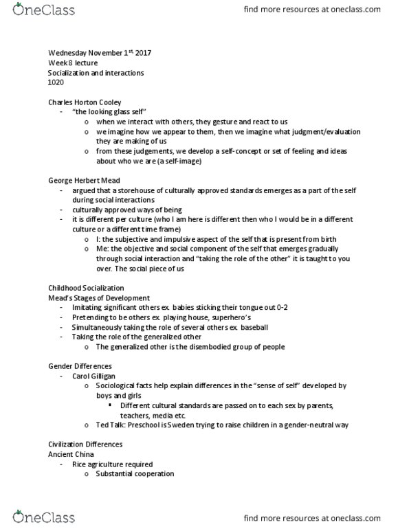 Sociology 1020 Lecture Notes - Lecture 8: Symbolic Interactionism, Role Theory, The Hidden Curriculum thumbnail