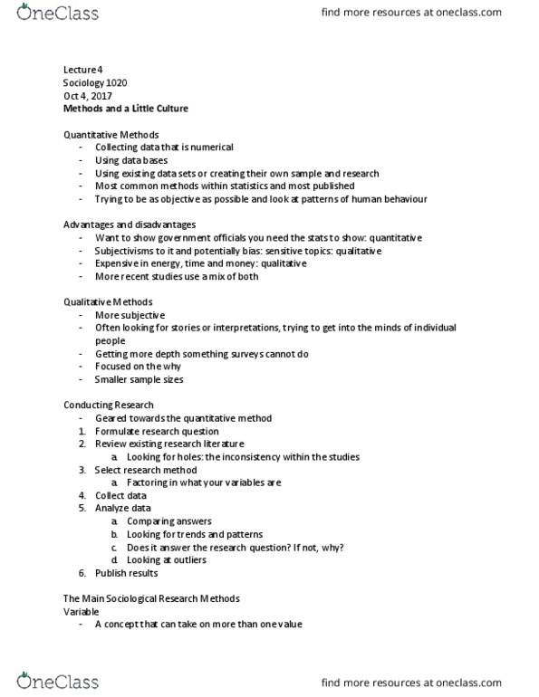 Sociology 1020 Lecture Notes - Lecture 4: Operationalization, Culture Shock, American Sociological Association thumbnail