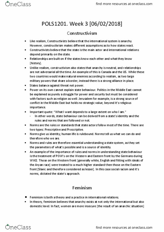 POLS1201 Lecture Notes - Lecture 3: Postcolonial Feminism, Radical Feminism, Liberal Feminism thumbnail