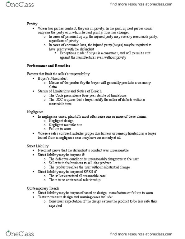 QST LA 245 Lecture Notes - Lecture 10: Tort Reform, Strict Liability, The Seller thumbnail