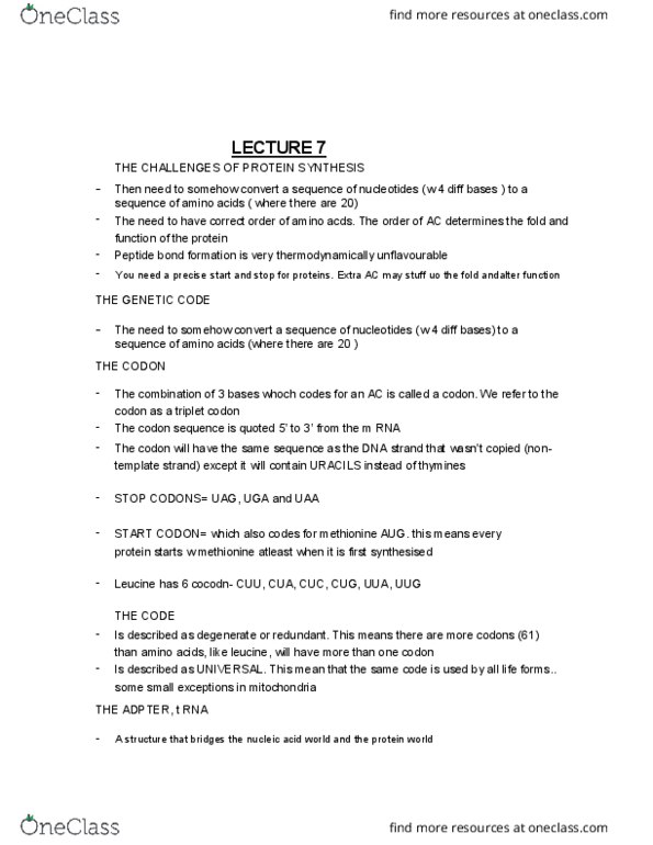 BIOL1007 Lecture Notes - Lecture 7: Ultracentrifuge, Aldehyde, Leucine thumbnail