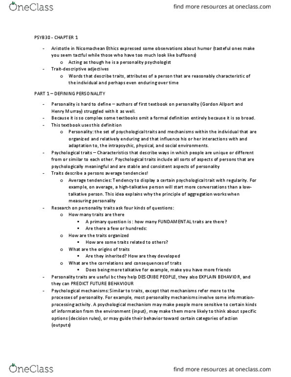 PSYB30H3 Chapter Notes - Chapter 1: Nomothetic, Human Nature, Psychophysiology thumbnail