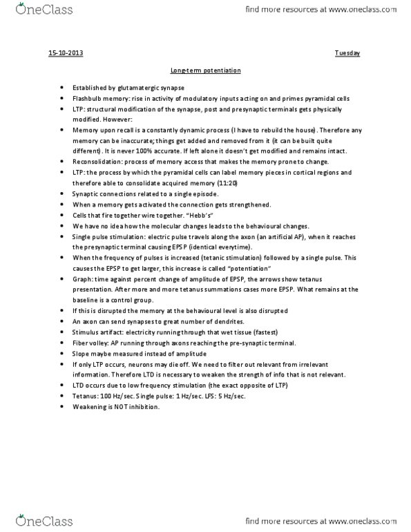 PSY397H5 Lecture Notes - Tetanus, Flashbulb Memory, Molecular Modification thumbnail