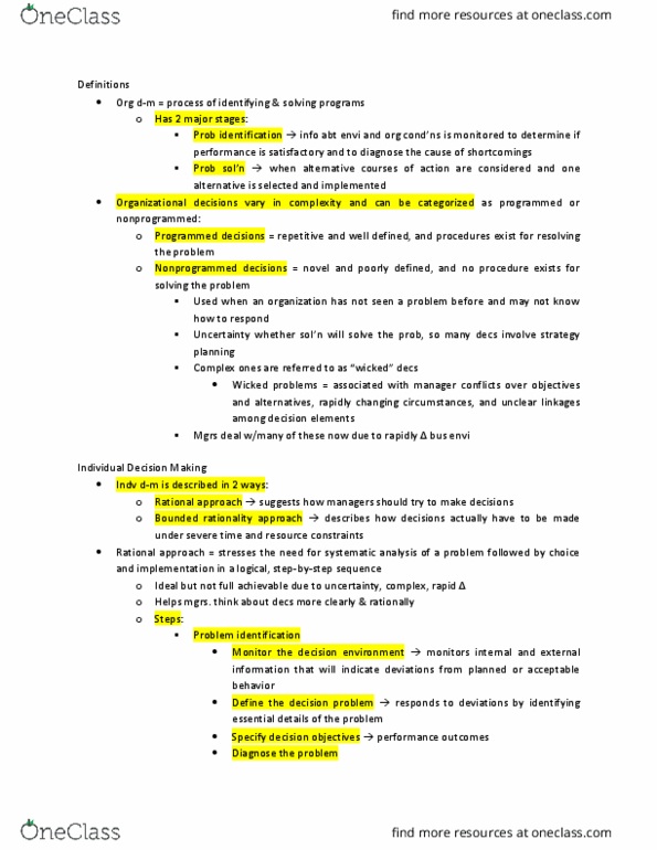 BUS 374 Lecture Notes - Lecture 11: Decision Points, Satisficing, Wicked Problem thumbnail