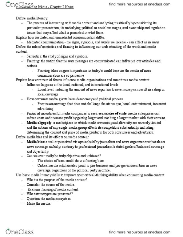 COMM-100 FA4 Chapter Notes - Chapter 2: Understanding Media, Semiotics, Oligopoly thumbnail