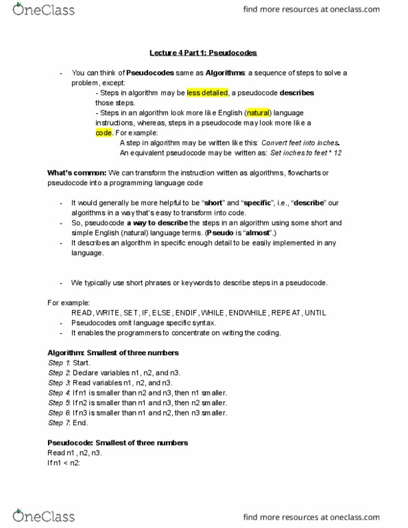 CMPT 120 Lecture Notes - Lecture 4: Pseudocode thumbnail