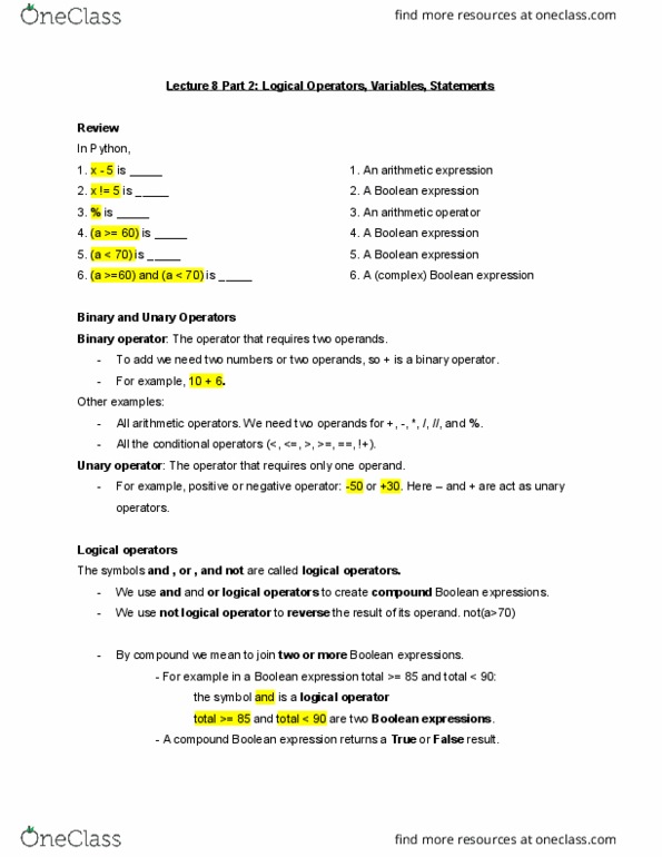 CMPT 120 Lecture Notes - Lecture 8: Boolean Expression, Logical Connective, Operand thumbnail