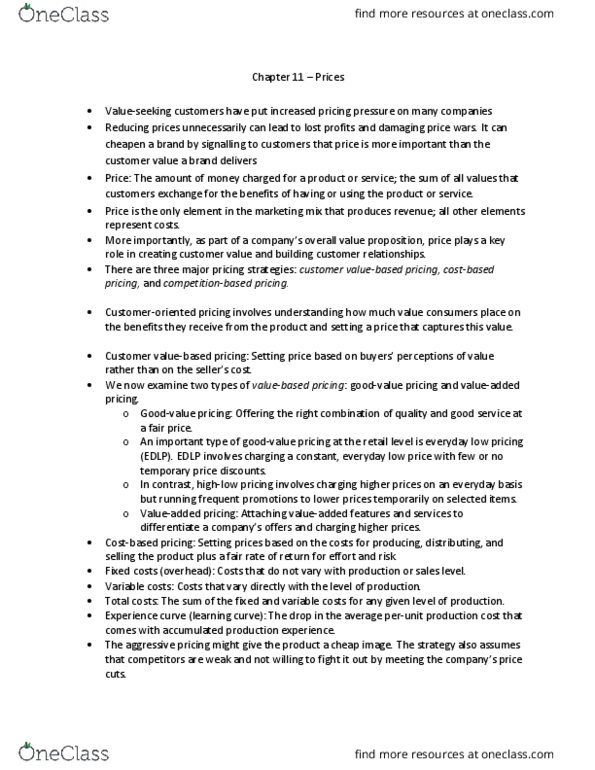 MKTG 396 Chapter Notes - Chapter 11: Monopolistic Competition, Price Skimming, Geographical Pricing thumbnail