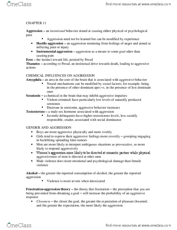 PSYC 260 Chapter Notes - Chapter 11: Relative Deprivation, On Aggression, Serotonin thumbnail