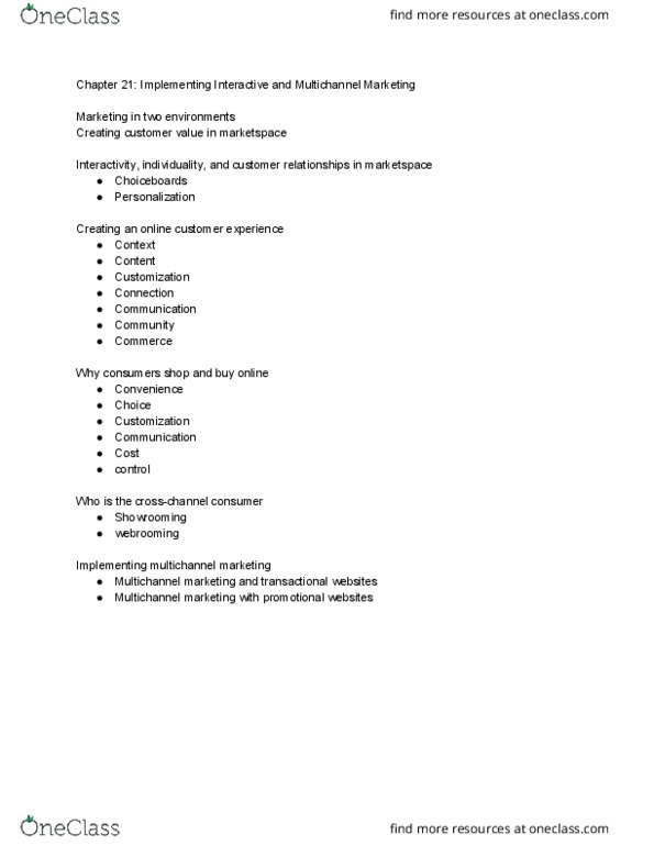 MKTG-300 Chapter Notes - Chapter 21: Multichannel Marketing, Cost Accounting, Personalization thumbnail