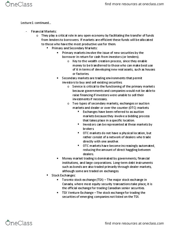 Management and Organizational Studies 1023A/B Lecture Notes - Lecture 1: Futures Contract, Market Capitalization, Ontario Securities Commission thumbnail