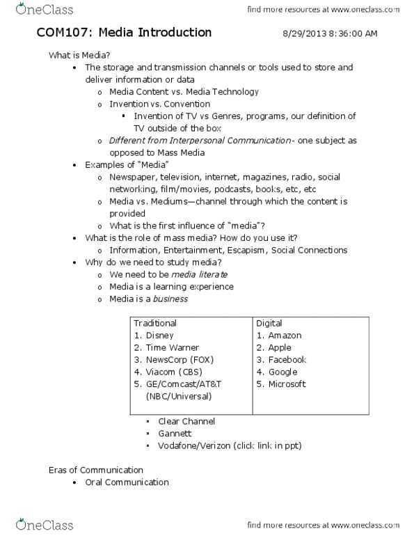 COM 107 Lecture Notes - Gannett Company, Digital One, News Corporation thumbnail