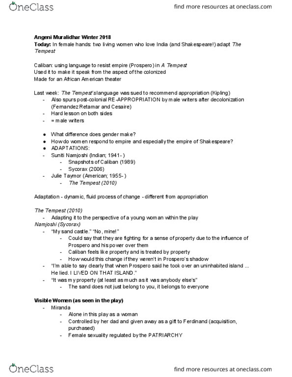 HUMAN 1B Lecture Notes - Lecture 12: Prospero, Helen Mirren, Suniti Namjoshi thumbnail