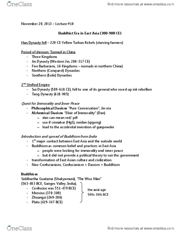 HIST 2710 Lecture Notes - Four Noble Truths, Qigong, Five Barbarians thumbnail