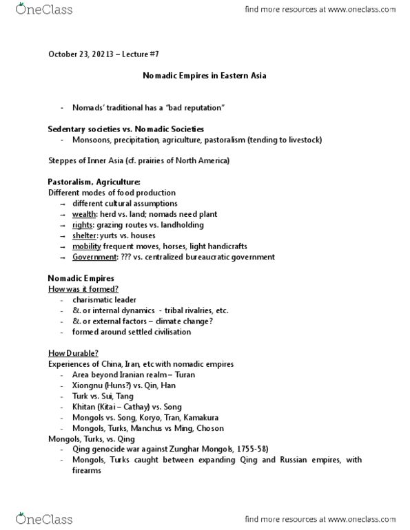 HIST 2710 Lecture Notes - Conquest Dynasty, Xiongnu, Pastoralism thumbnail