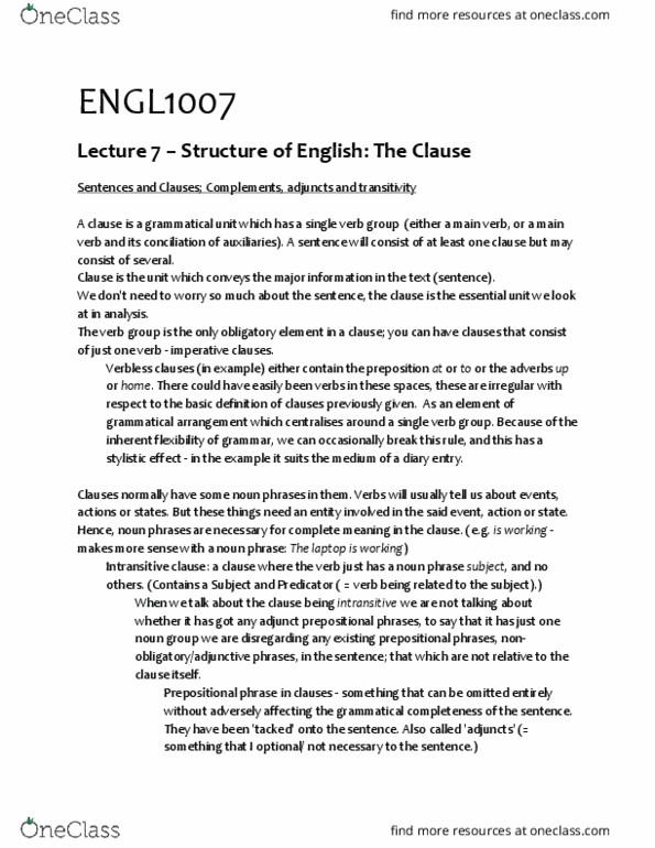 ENGL1007 Lecture Notes - Lecture 7: Dependent Clause, Ditransitive Verb, Adpositional Phrase thumbnail