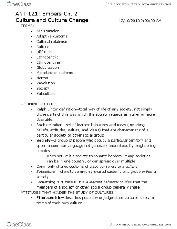 ANT 121 Chapter Notes - Chapter 2: Frequency Distribution, Ethnocentrism, Subculture thumbnail